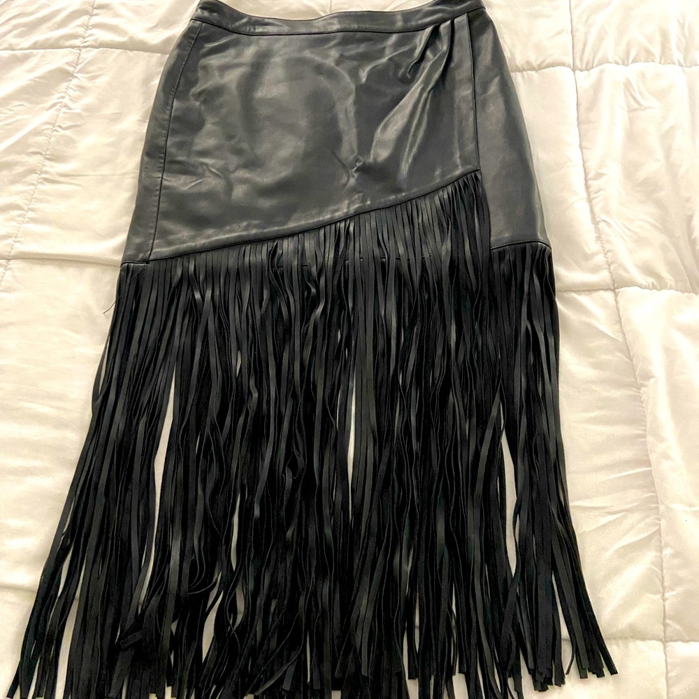 Black faux leather fringe skirt with faux wrap detail size 6